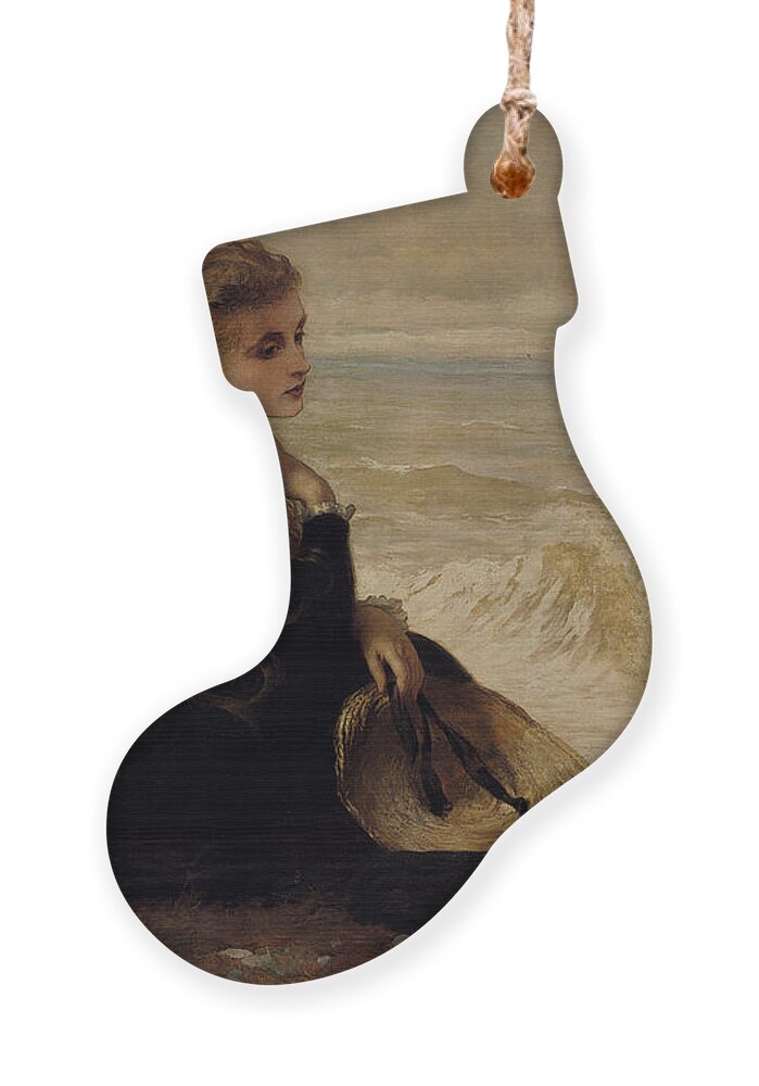 George Elgar Hicks Ornament featuring the digital art On The Seashore by George Elgar Hicks