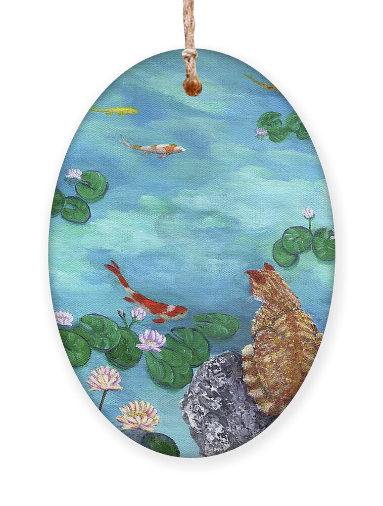 Orange Ornament featuring the painting Orange Cat at Koi Pond by Laura Iverson