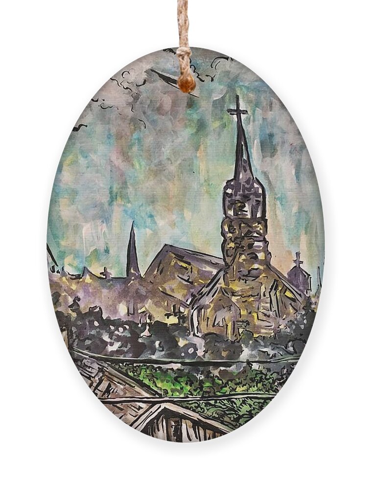 Cityscape Ornament featuring the mixed media Our Lady of the Lake University in the Distance by Angela Weddle