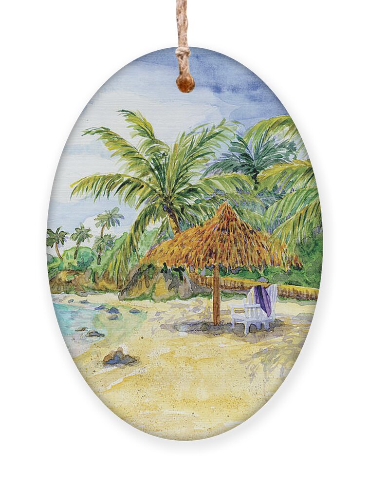 Palappa Ornament featuring the painting Palappa n Adirondack Chairs on a Caribbean Beach by Audrey Jeanne Roberts