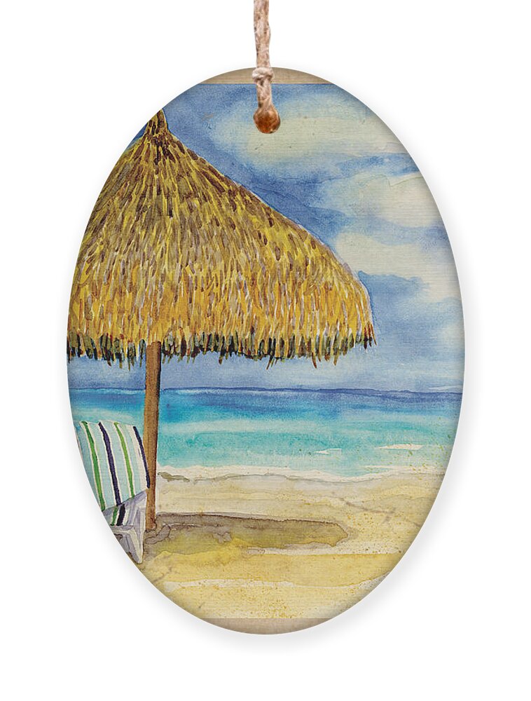 Palappa Ornament featuring the painting Palappa n Adirondack Chairs on the Mexican Shore by Audrey Jeanne Roberts