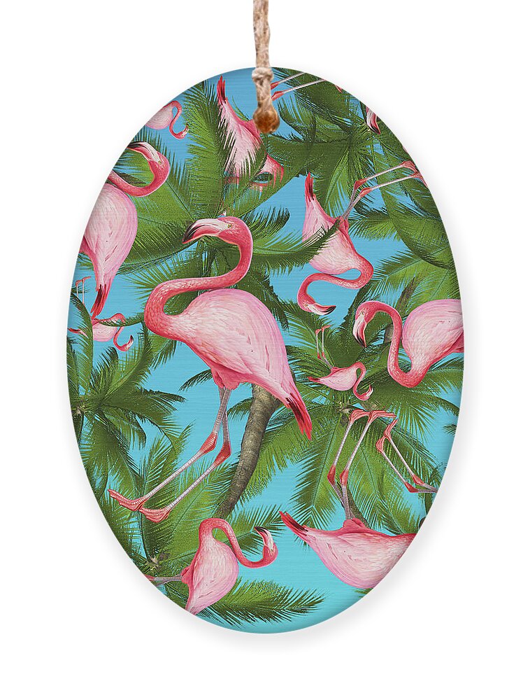  Summer Ornament featuring the digital art Palm tree and flamingos by Mark Ashkenazi