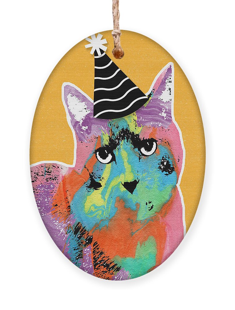 Cat Ornament featuring the mixed media Party Cat- Art by Linda Woods by Linda Woods