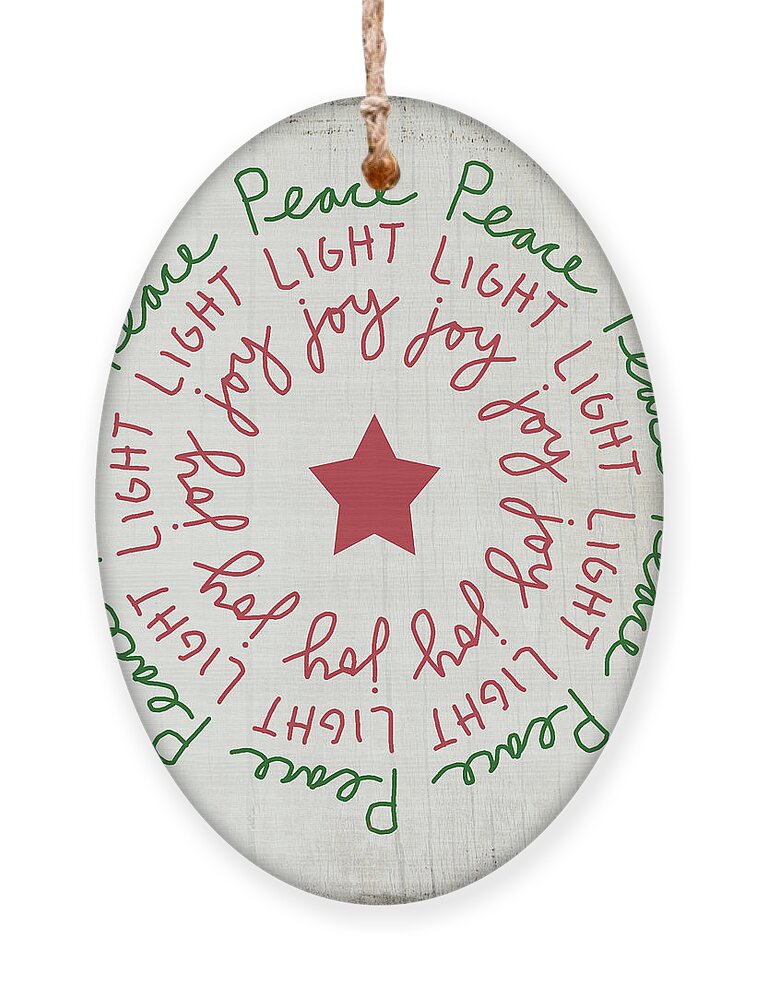 Peace Ornament featuring the mixed media Peace Light Joy Wreath- Art by Linda Woods by Linda Woods