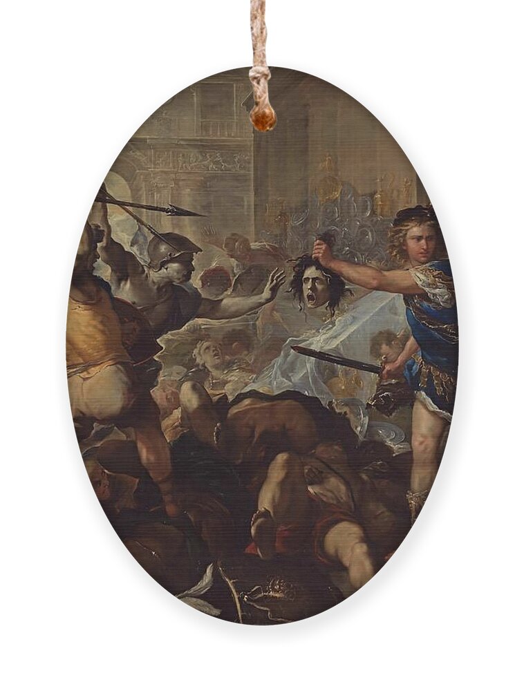 Luca Giordano Ornament featuring the painting Perseus fights Phineas by Luca Giordano