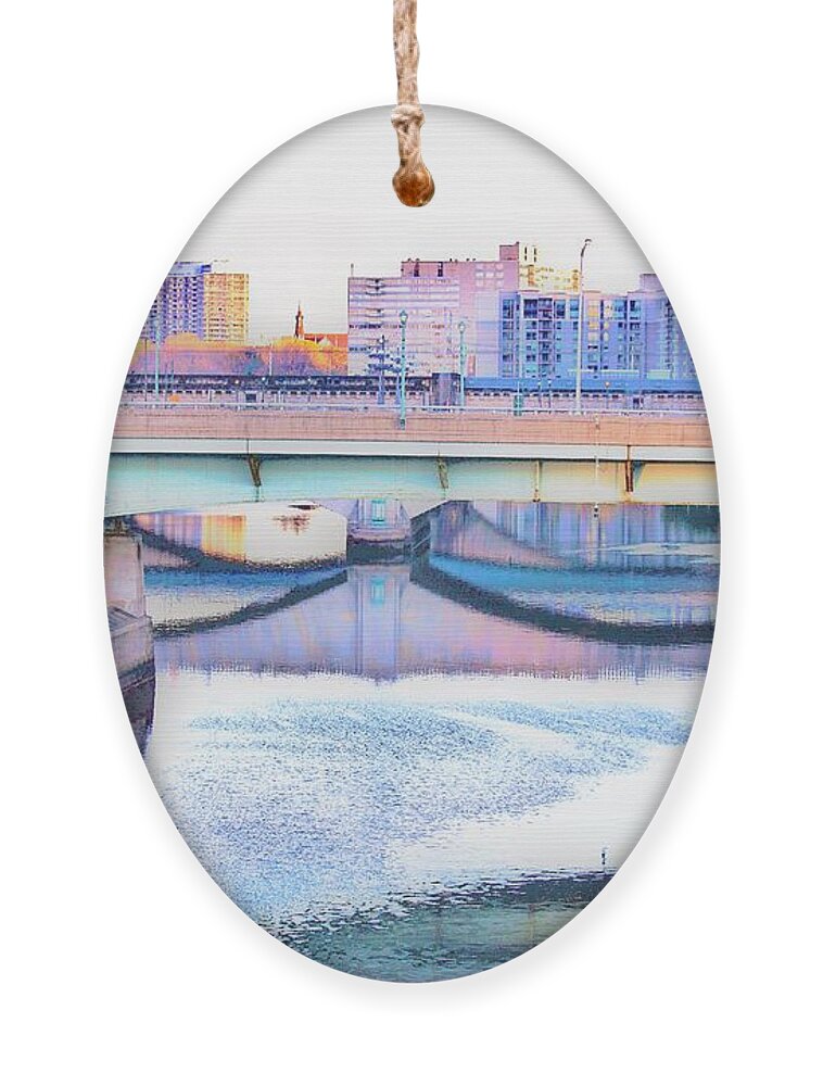 I Went For A Early Morning Walk And Came Across This Scene In Philadelphia. I Liked The Colors And Reflections Off The Water. This Is Another Version Of The Scene. Ornament featuring the photograph Philadelphia Scene1 by Merle Grenz