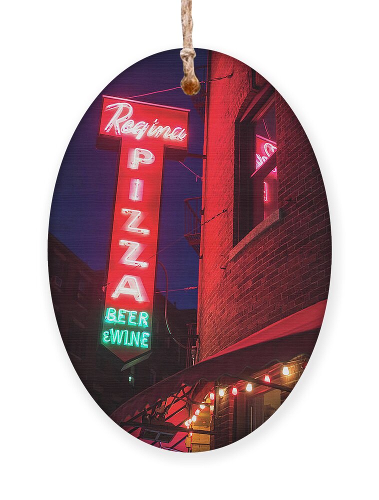 Pizzeria Ornament featuring the photograph Pizzeria Regina Boston MA North End Thacher Street Neon Sign by Toby McGuire