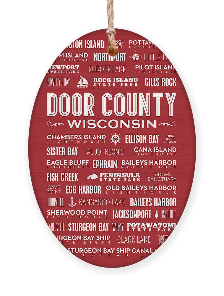 Door County Ornament featuring the digital art Places of Door County on Red by Christopher Arndt
