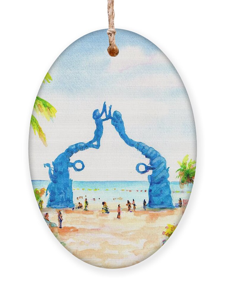 Playa Del Carmen Ornament featuring the painting Playa del Carmen Portal Maya Statue by Carlin Blahnik CarlinArtWatercolor