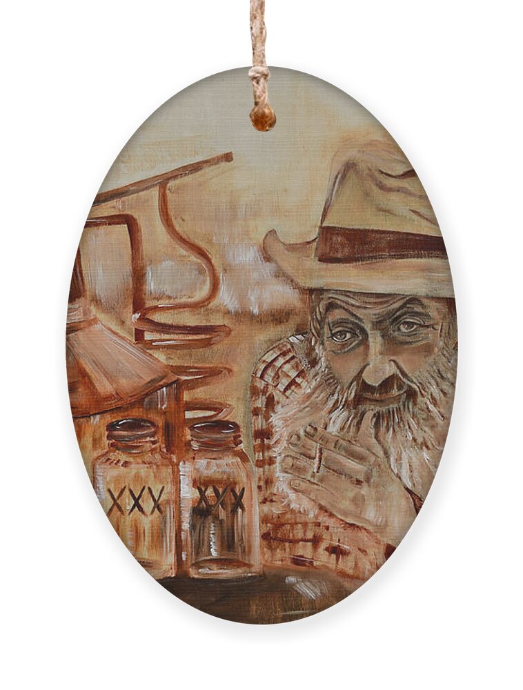 Popcorn Sutton Ornament featuring the painting Popcorn Sutton - Waiting on Shine by Jan Dappen