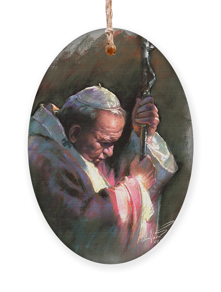 Portrait Ornament featuring the pastel Pope John Paul II by Ylli Haruni