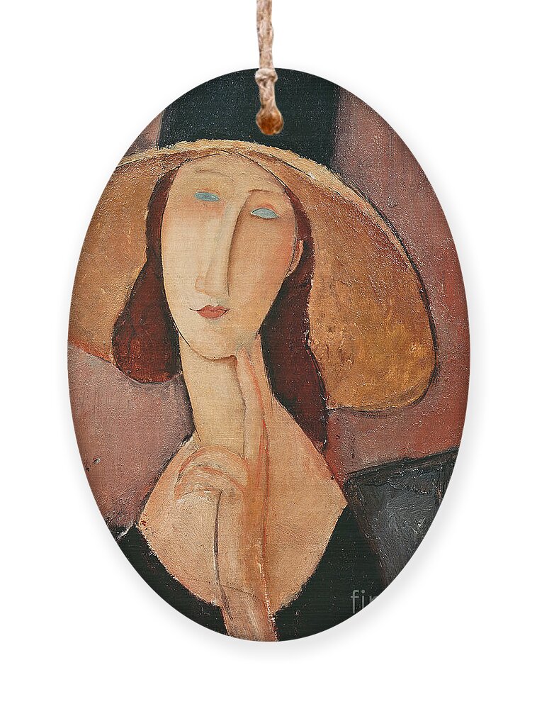 Portrait Ornament featuring the painting Portrait of Jeanne Hebuterne in a large hat by Amedeo Modigliani