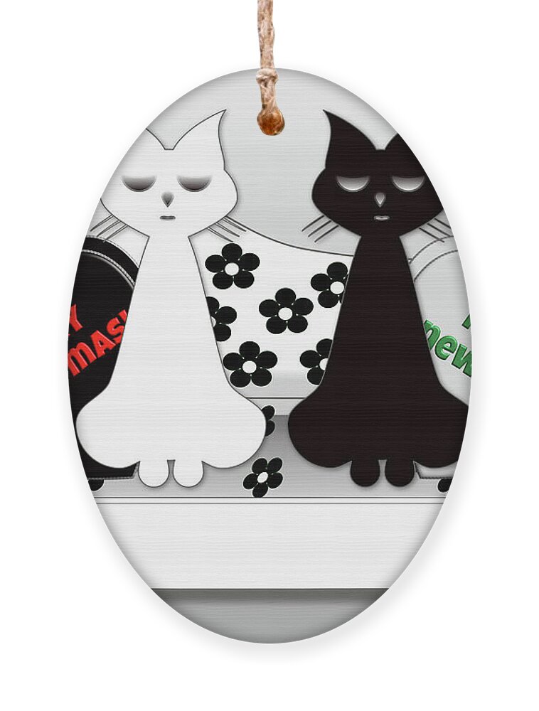Christmas Ornament featuring the digital art Christmas Cats Black and White Cartoon by Barefoot Bodeez Art