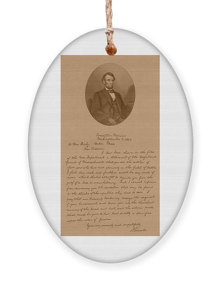 Bixby Letter Ornament featuring the mixed media President Lincoln's Letter To Mrs. Bixby by War Is Hell Store
