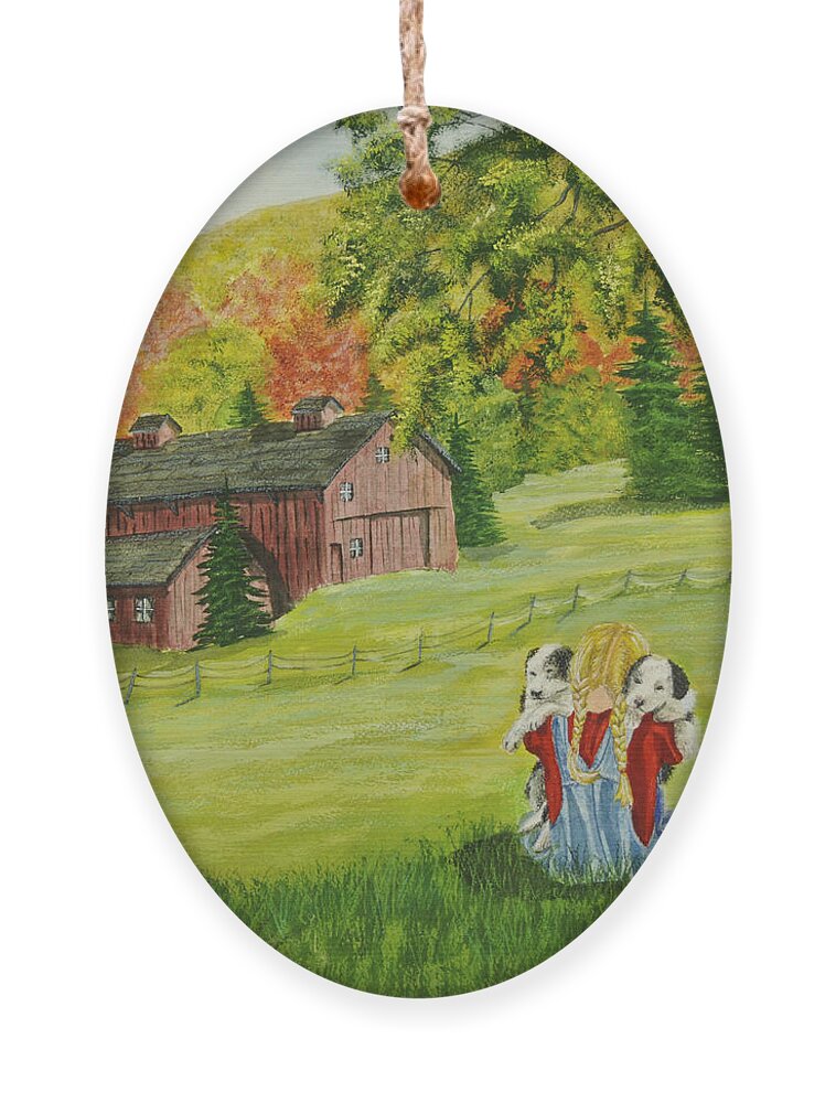 Country Kids Art Ornament featuring the painting Puppy Love by Charlotte Blanchard