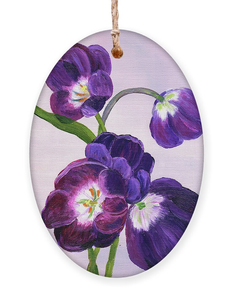 Tulips Ornament featuring the painting Purple Tulips on Gray Background by Laura Iverson
