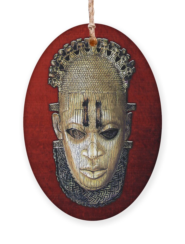 'treasures Of Africa' Collection By Serge Averbukh Ornament featuring the digital art Queen Mother Idia - Ivory Hip Pendant Mask - Nigeria - Edo Peoples - Court of Benin on Red Velvet by Serge Averbukh