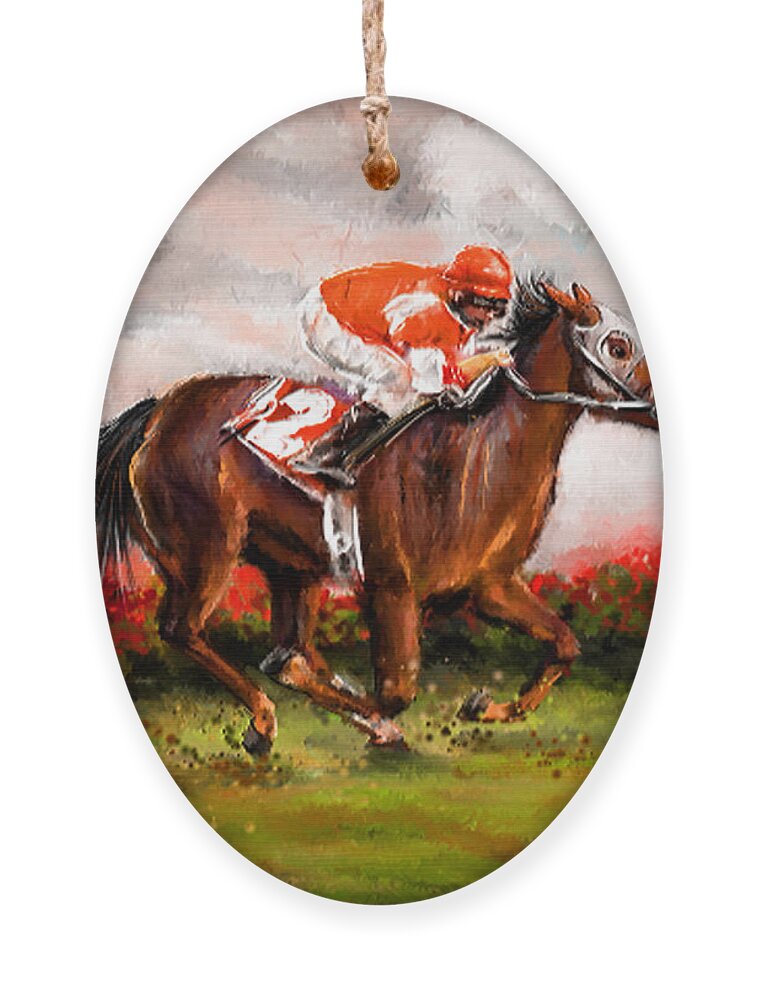 Horse Racing Ornament featuring the painting Quest For The Win - Horse Racing Art by Lourry Legarde