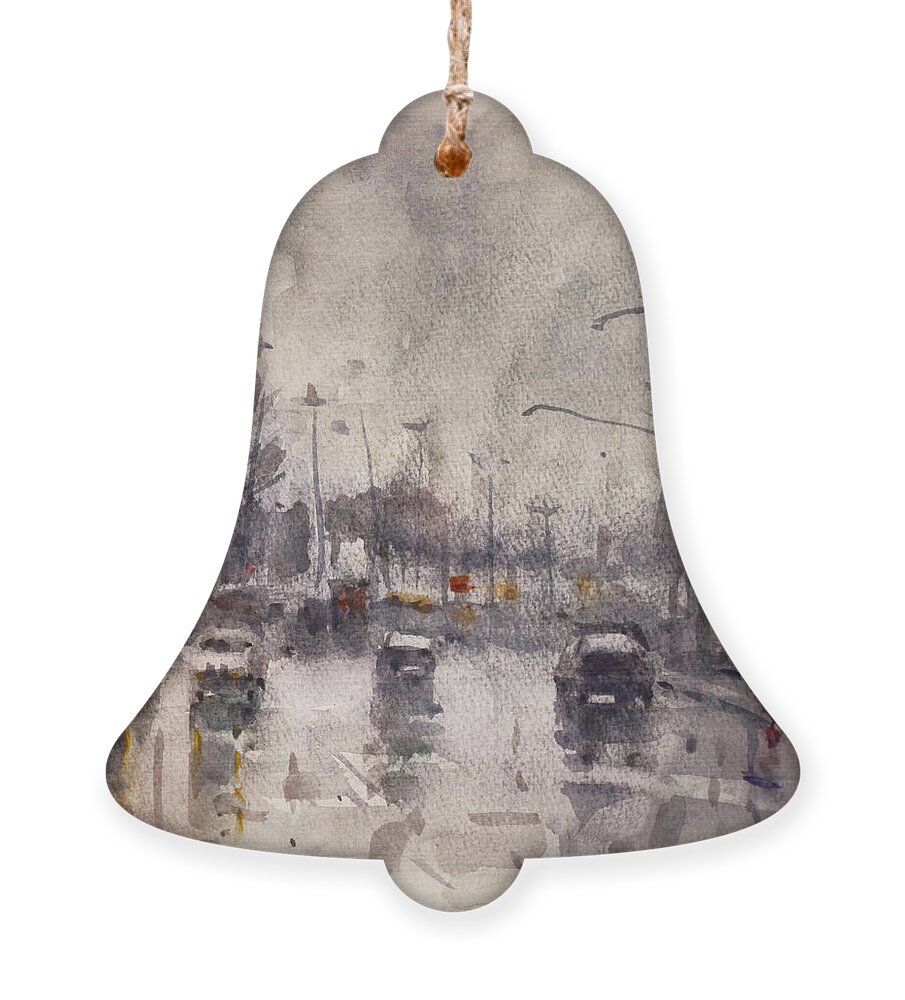 Rain Ornament featuring the painting Rain in Niagara Falls Blvd by Ylli Haruni