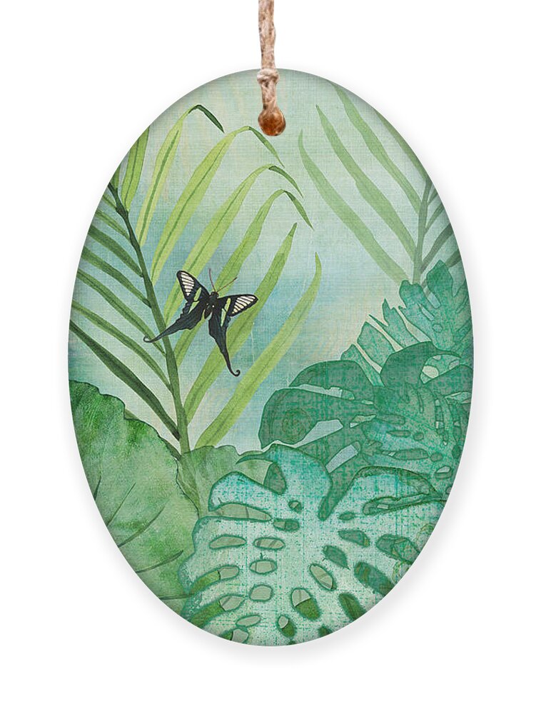 Jungle Ornament featuring the painting Rainforest Tropical - Philodendron Elephant Ear and Palm Leaves w Botanical Butterfly by Audrey Jeanne Roberts