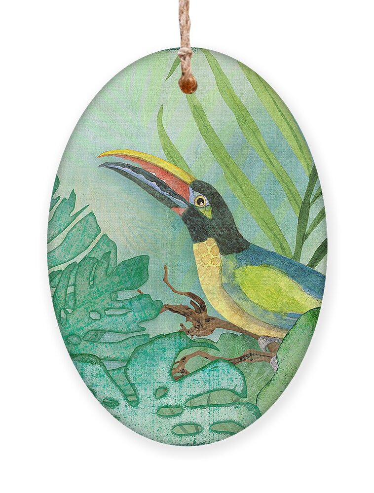 Square Format Ornament featuring the painting Rainforest Tropical - Jungle Toucan w Philodendron Elephant Ear and Palm Leaves 2 by Audrey Jeanne Roberts