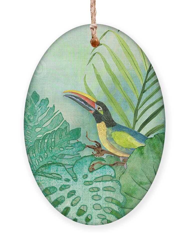 Toucan Ornament featuring the painting Rainforest Tropical - Tropical Toucan w Philodendron Elephant Ear and Palm Leaves by Audrey Jeanne Roberts