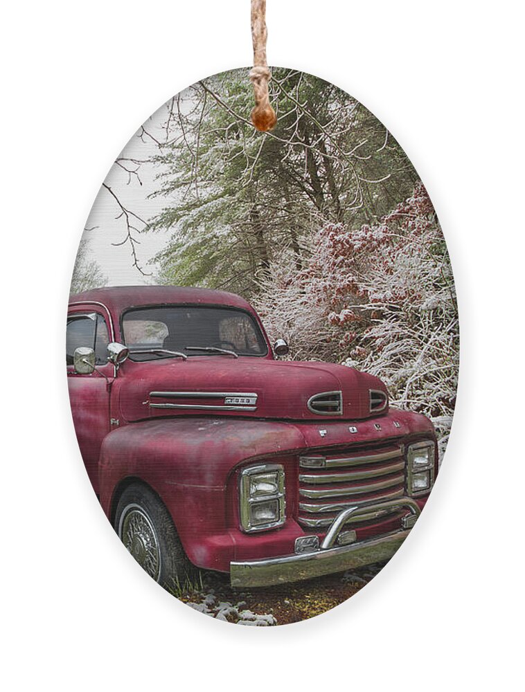 Truck Ornament featuring the photograph Red Ford Truck in the Snow by Debra and Dave Vanderlaan