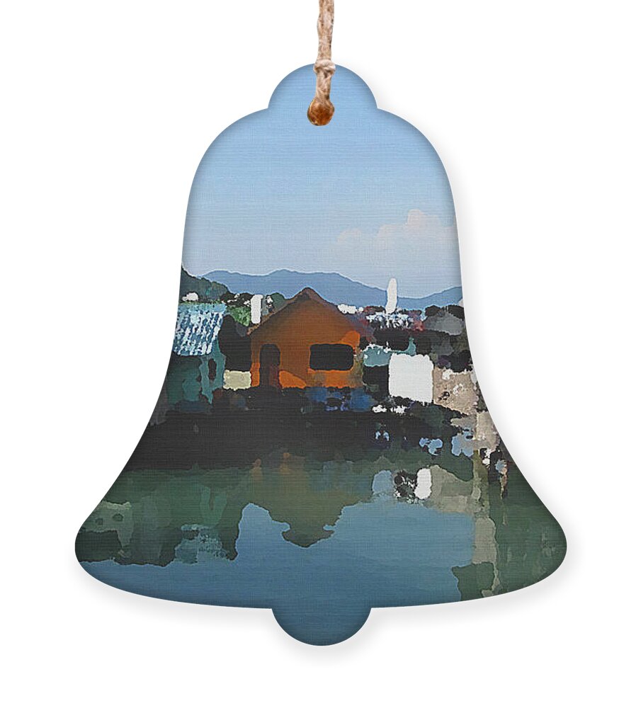 Impressionist Ornament featuring the mixed media Red House on the Water by Shelli Fitzpatrick