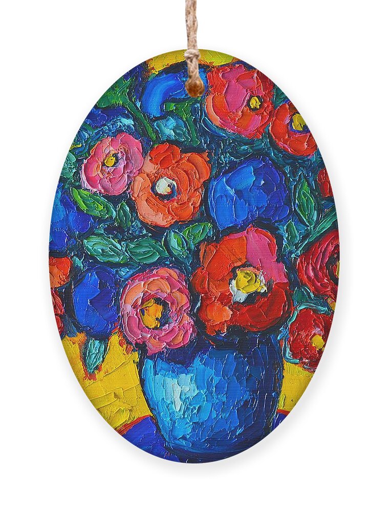 Poppies Ornament featuring the painting Red Poppies And Blue Flowers - Abstract Floral by Ana Maria Edulescu