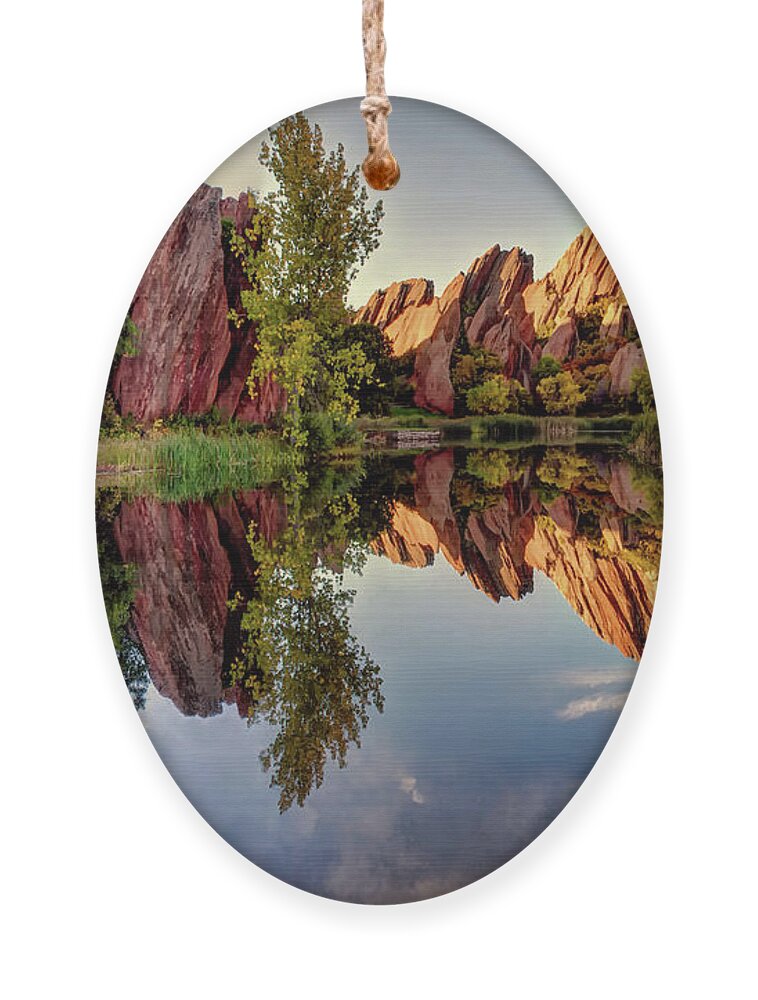 Colorado Ornament featuring the photograph Colorado Roxborough Park and Arrowhead golf course Red Rocks Reflection by O Lena