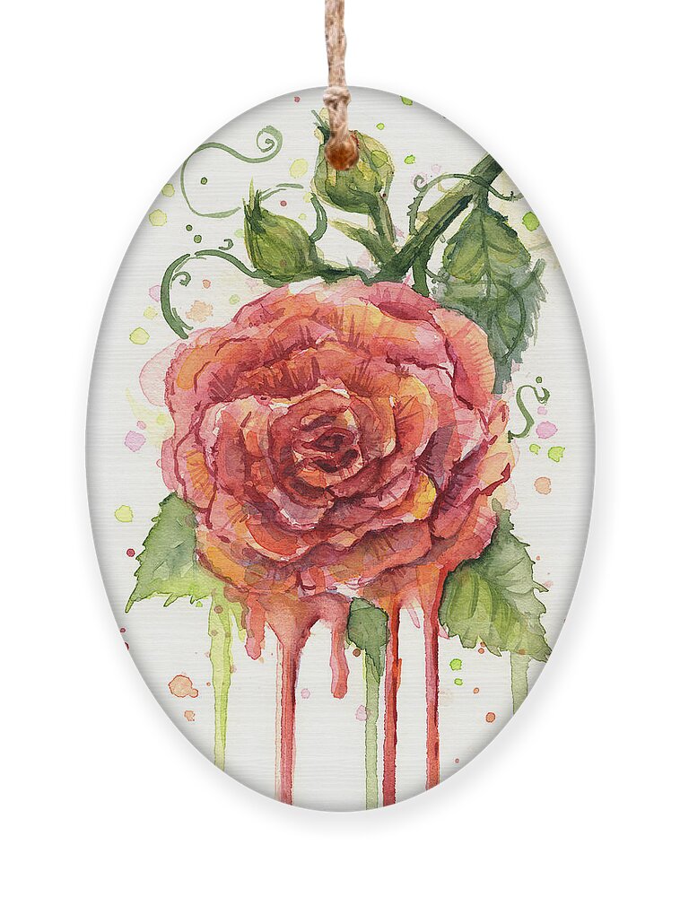 Rose Ornament featuring the painting Red Rose Dripping Watercolor by Olga Shvartsur