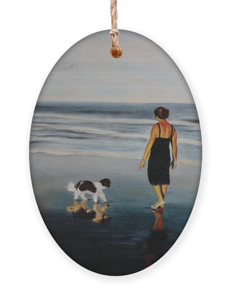 Ocean; Sunrise; Dog; Sand; Serenity; Contemplation; Companionship; Friendship; Water Ornament featuring the painting Reflections by Marg Wolf