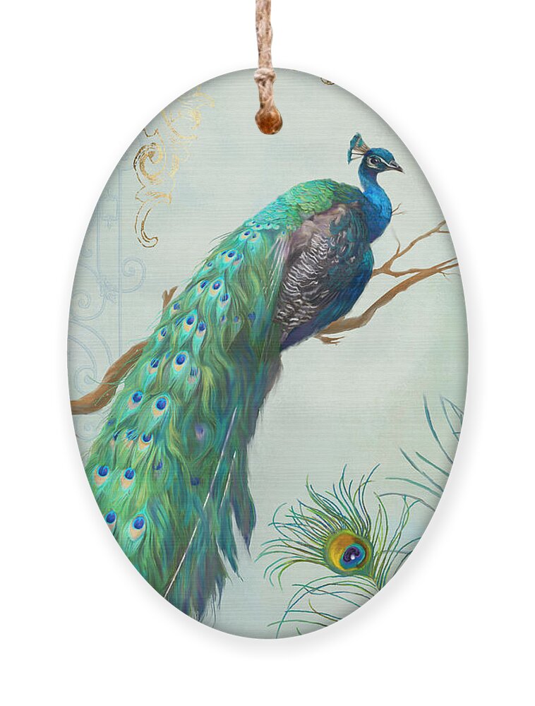 Peacock On Tree Branch Ornament featuring the painting Regal Peacock 1 on Tree Branch w Feathers Gold Leaf by Audrey Jeanne Roberts