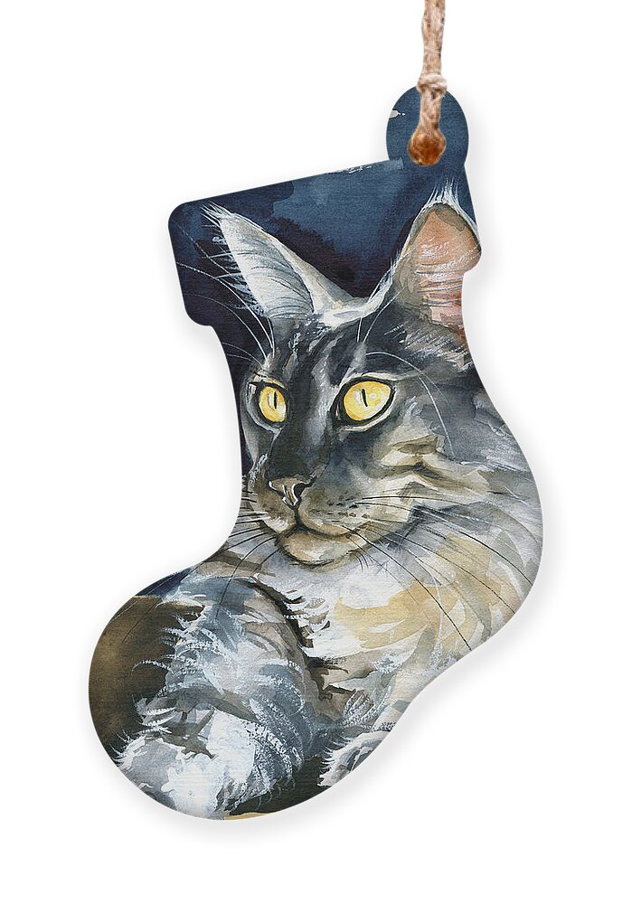 Maine Coon Painting Ornament featuring the painting Regina - Maine Coon Painting by Dora Hathazi Mendes