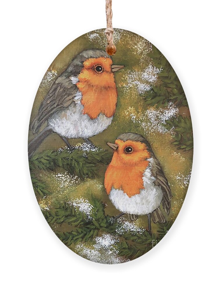 Red Robin Ornament featuring the painting Robins, winter couple by Inese Poga