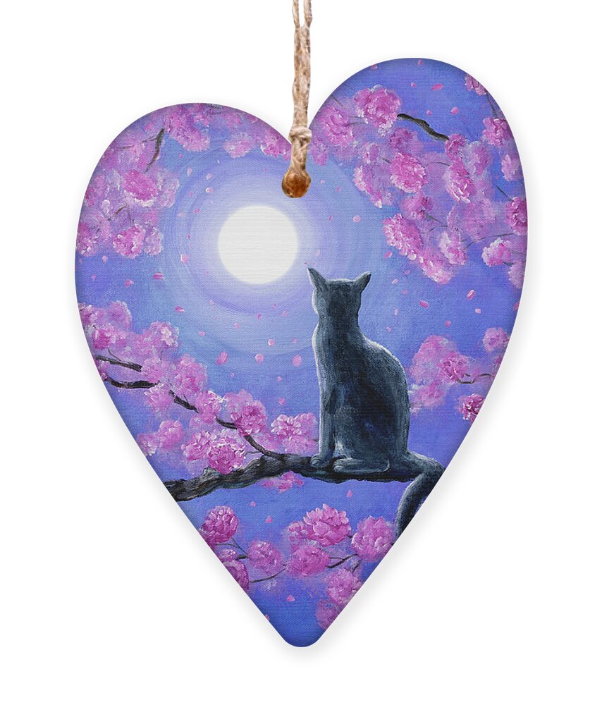 Kwanzan Ornament featuring the painting Russian Blue Cat in Pink Flowers by Laura Iverson
