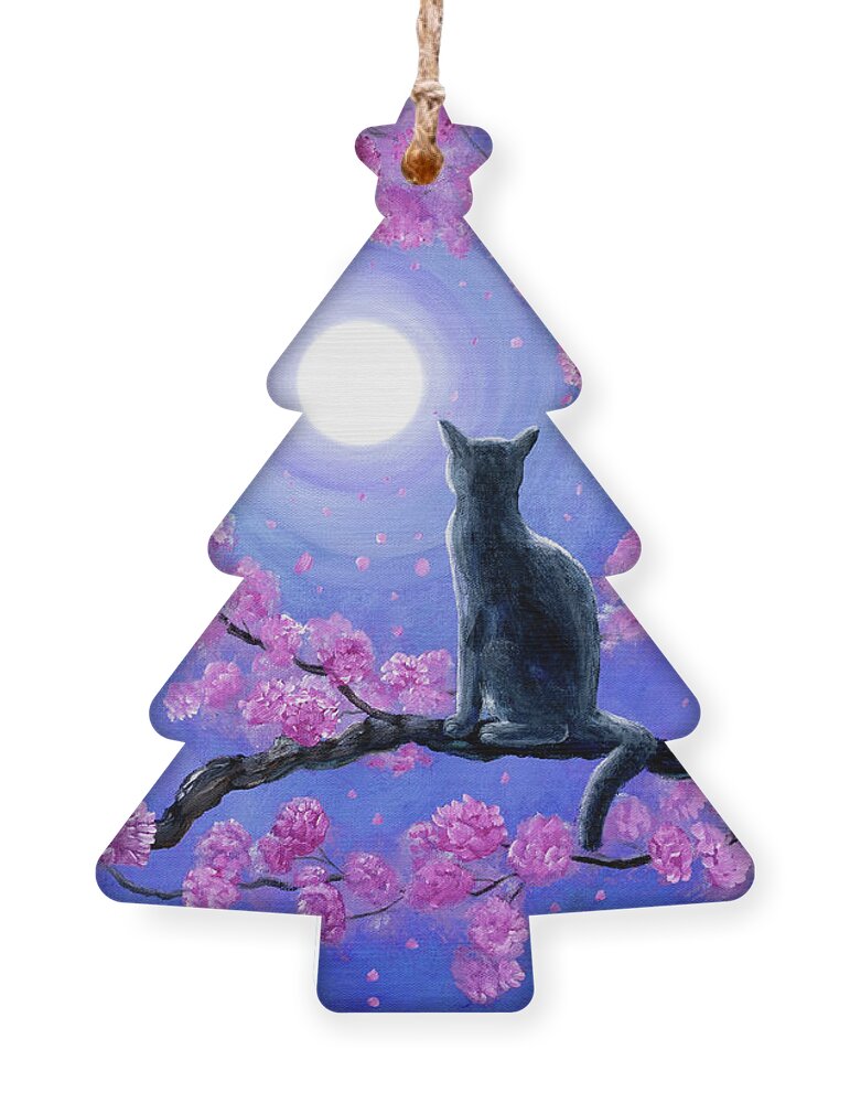 Kwanzan Ornament featuring the painting Russian Blue Cat in Pink Flowers by Laura Iverson