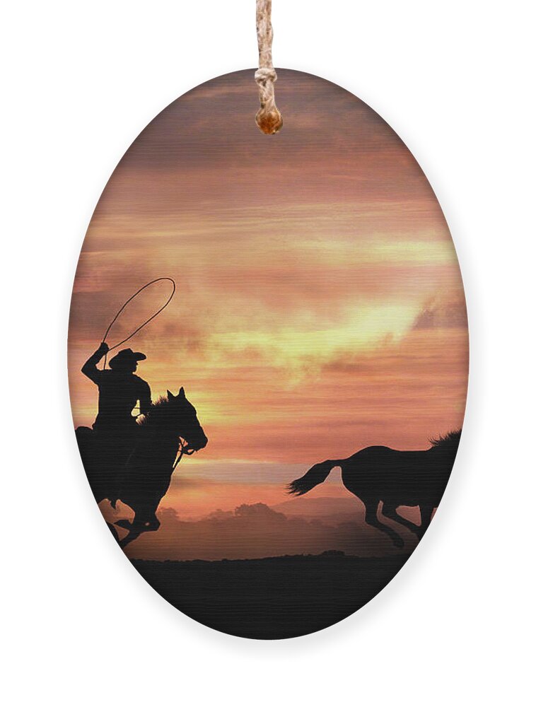 Cowboy Ornament featuring the photograph Rustic Country Western Cowboy and Wild Horse Silhouette by Stephanie Laird