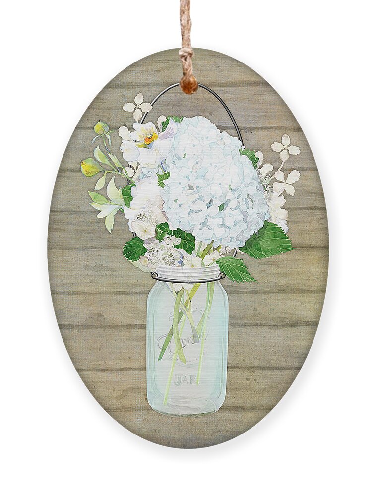 White Hydrangea Ornament featuring the painting Rustic Country White Hydrangea n Matillija Poppy Mason Jar Bouquet on Wooden Fence by Audrey Jeanne Roberts