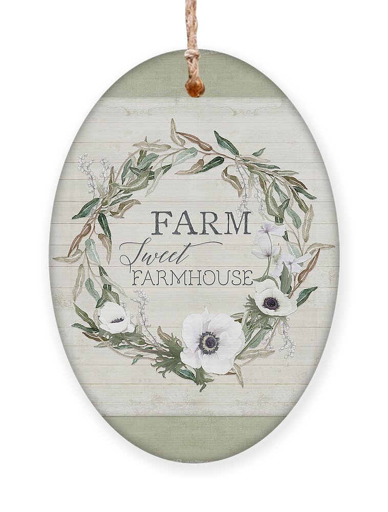  Ornament featuring the painting Rustic Farm Sweet Farmhouse Shiplap Wood Boho Eucalyptus Wreath N Anemone Floral by Audrey Jeanne Roberts