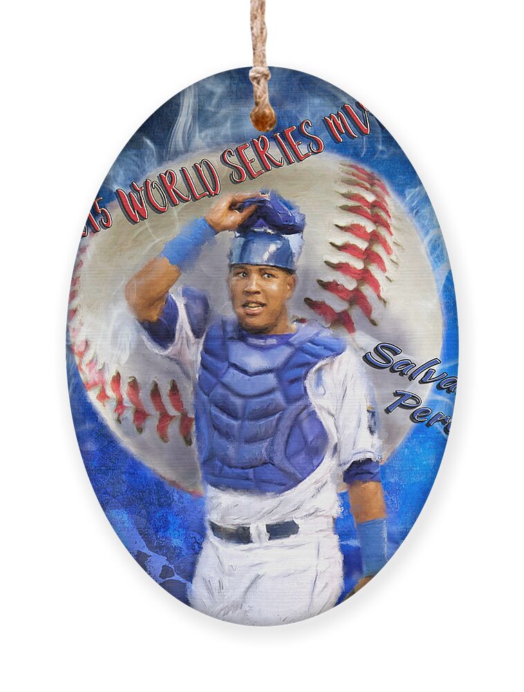 Salvie Ornament featuring the painting Salvador Perez 2015 World Series MVP by Colleen Taylor