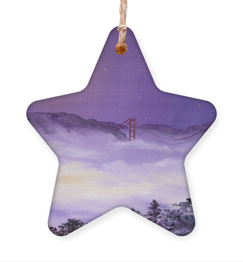 San Francisco Ornament featuring the painting San Francisco Bay in Purple Fog by Laura Iverson