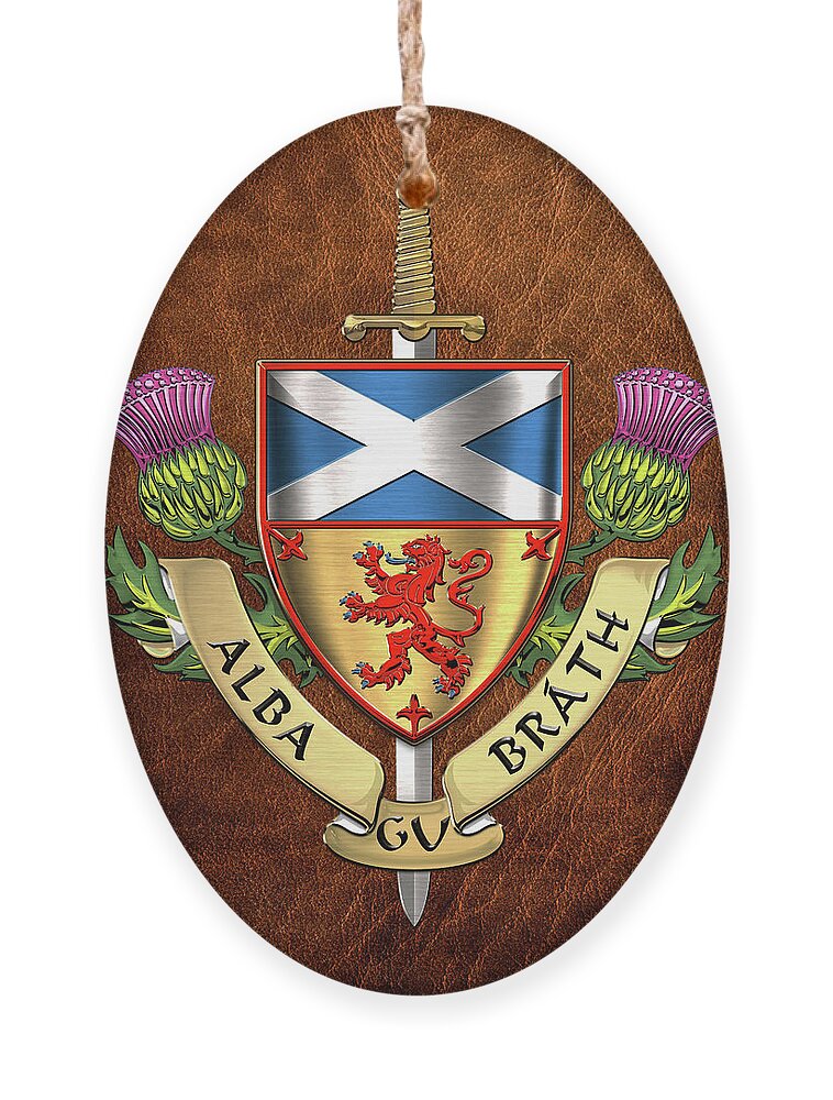 “world Heraldry” Collection Serge Averbukh Ornament featuring the digital art Scotland Forever - Alba Gu Brath - Symbols of Scotland over Brown Leather by Serge Averbukh