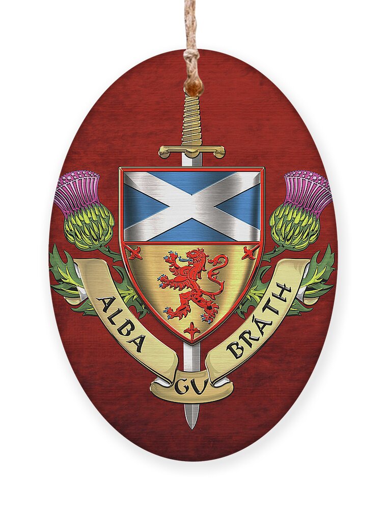 “world Heraldry” Collection Serge Averbukh Ornament featuring the digital art Scotland Forever - Alba Gu Brath - Symbols of Scotland over Red Velvet by Serge Averbukh