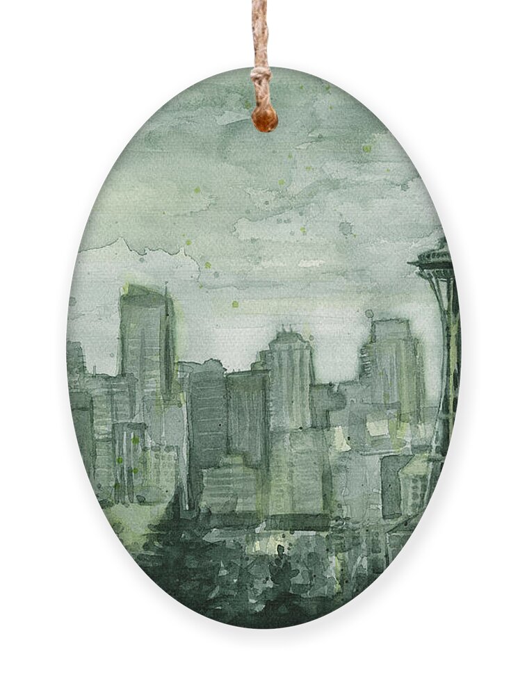 Seattle Ornament featuring the painting Seattle Skyline Watercolor Space Needle by Olga Shvartsur