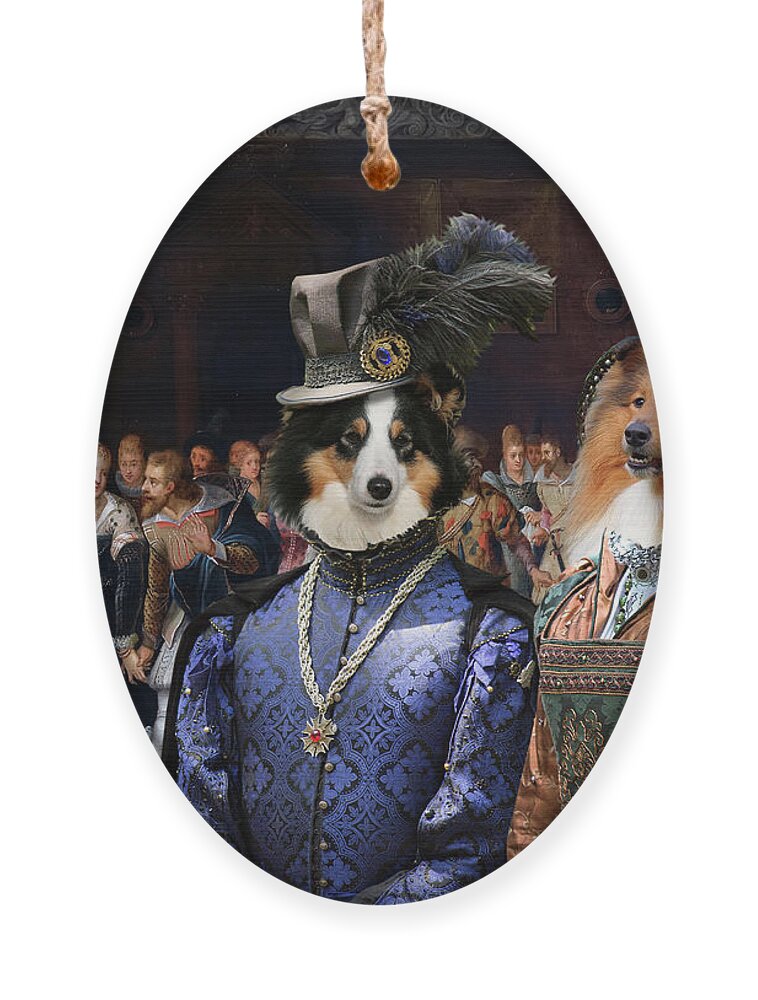 Sheltie Ornament featuring the painting Shetland Sheepdog Art Canvas Print - An Interior Scene with Elegant Figures at a Wedding by Sandra Sij