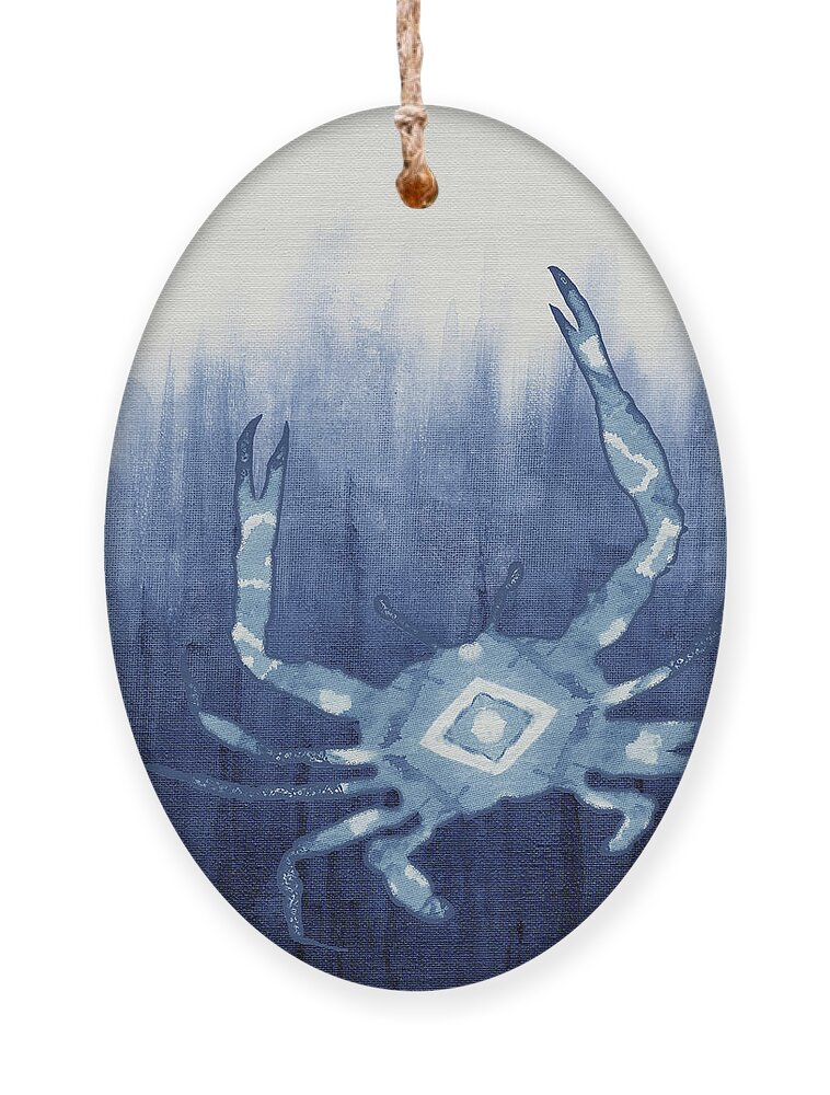 Blue Crab Ornament featuring the painting Shibori Blue 4 - Patterned Blue Crab over Indigo Ombre Wash by Audrey Jeanne Roberts