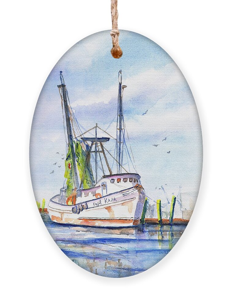 Shrimp Boat Ornament featuring the painting Shrimp Boat Gulf Fishing by Carlin Blahnik CarlinArtWatercolor