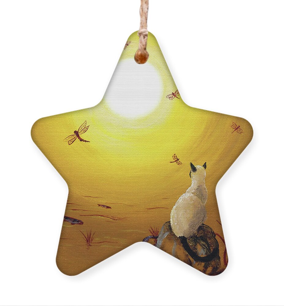 Siamese Cat Ornament featuring the painting Siamese Cat with Red Dragonflies by Laura Iverson