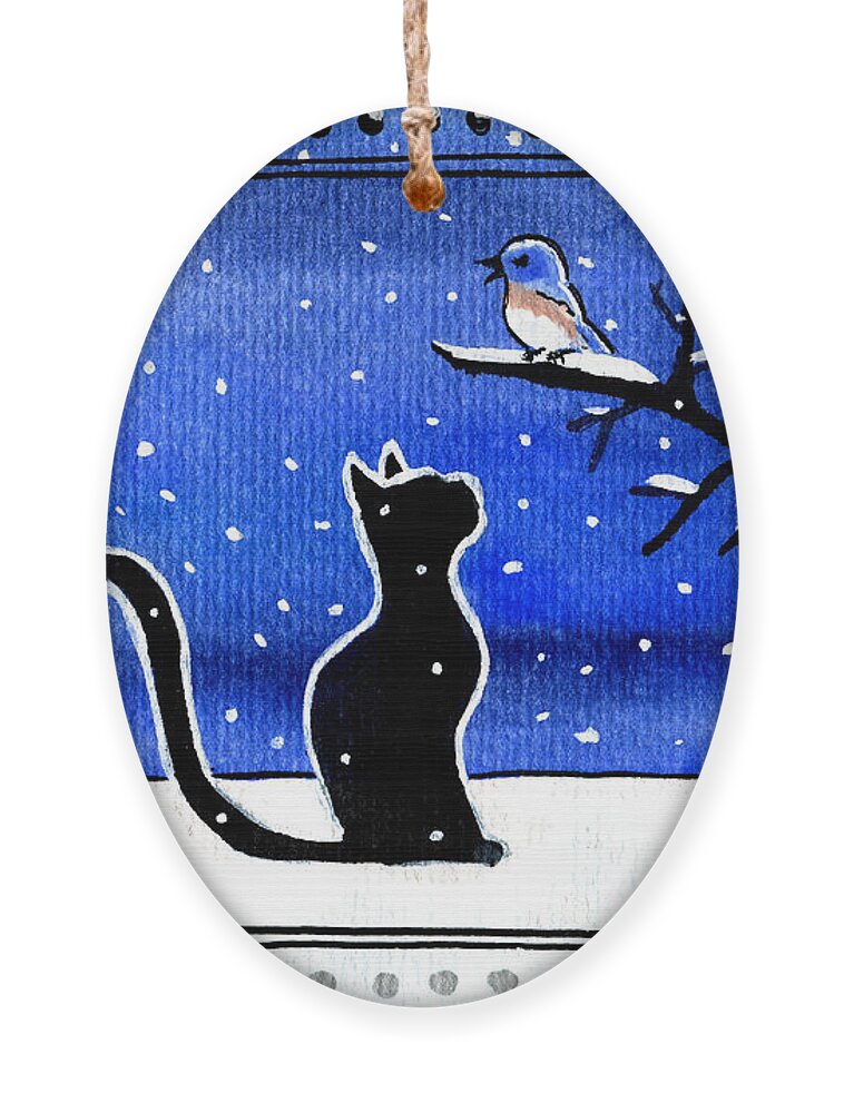 Cat Ornament featuring the painting Sing For Me - Black Cat Card by Dora Hathazi Mendes